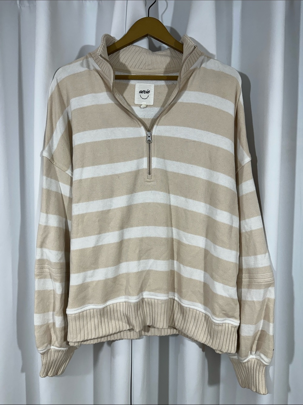 Aerie Women's XL Beige White Striped Quarter Zip Pullover Sweatshirt